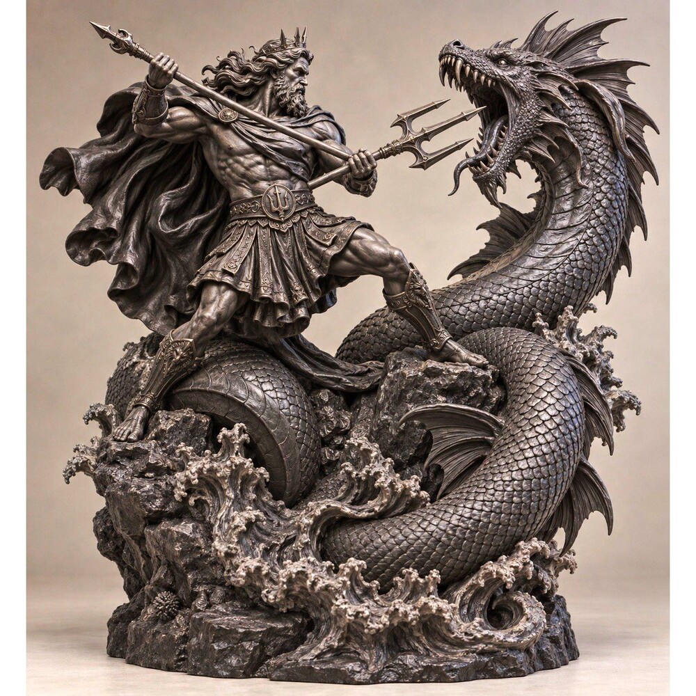 Poseidon vs Sea Serpent Gray Fantasy 3D Printed Resin Figurine 10 in